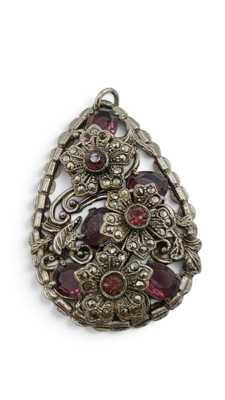 Vintage Purple Glass & Marcasite Floral Brooch Pendant Convertible 2.5"